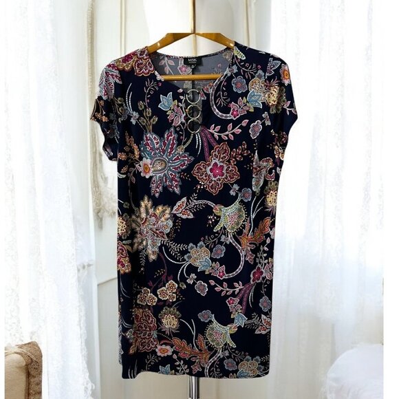 MSK Navy‎ Floral Print Short Sleeve Tunic Shift Dress 3X - Picture 1 of 9